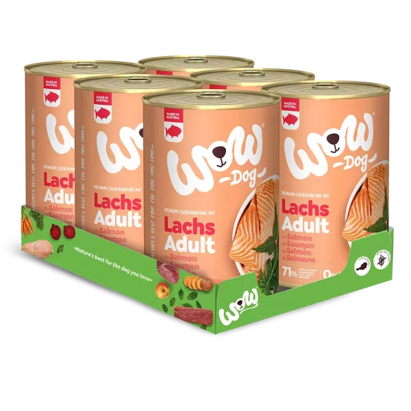 Wow Dog Adult | Lachs mit Löwenzahn + Brennnessel 6x400g Dosen